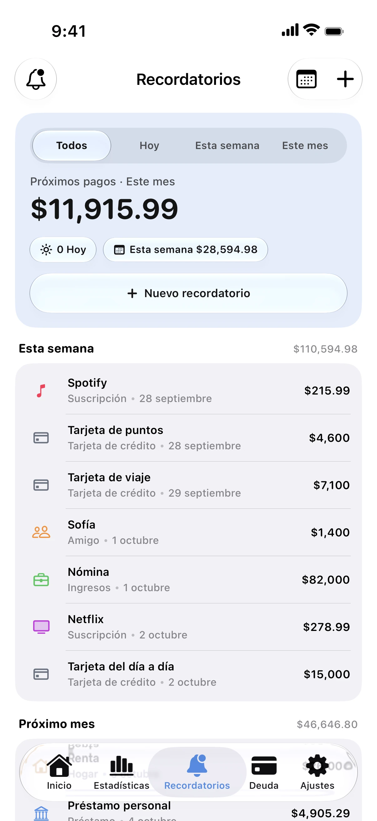 Spendry: Recordatorios