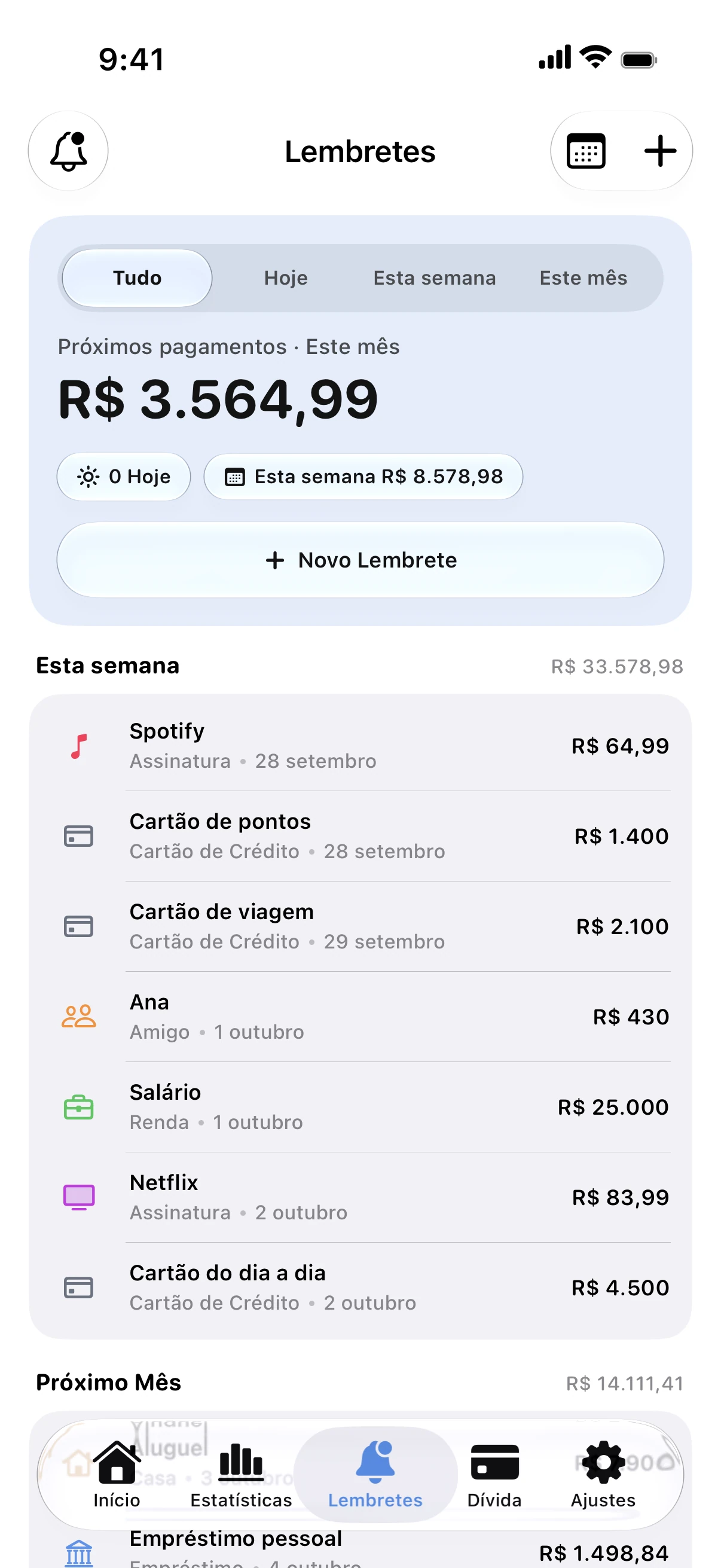 Spendry: Lembretes