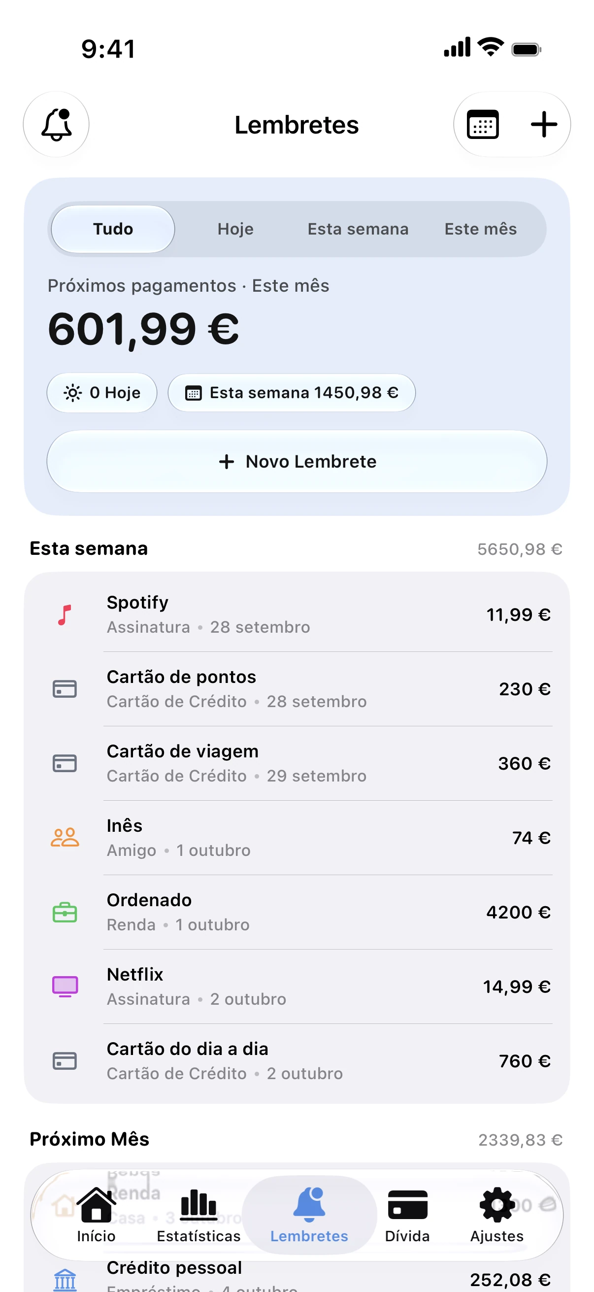 Spendry: Lembretes